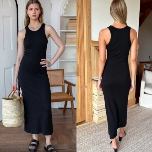 New Theory Racer Tank Ribbed Modal/Cotton  Black Tank Midi Dress NWT Large - Picture 1 of 12